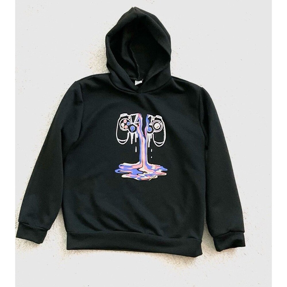 SHEIN-Black Hoodie with Game Controller Logo-Boys Size 10